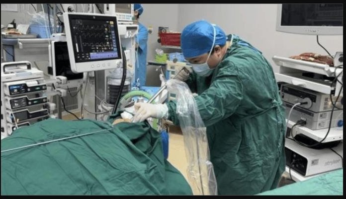 A doctor extracting a bone